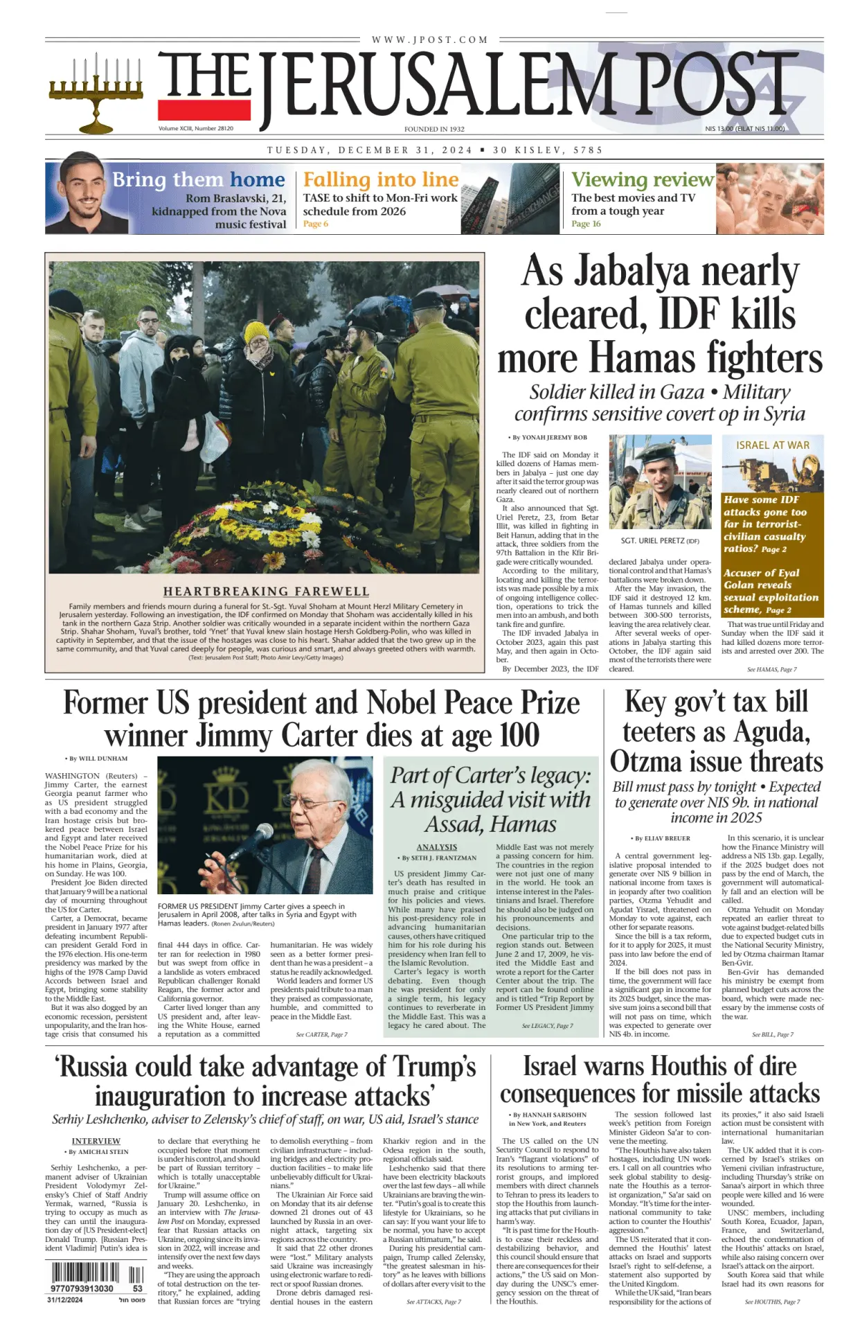 Prima-pagina-the jerusalem post-edizione-di-oggi-31-12-2024